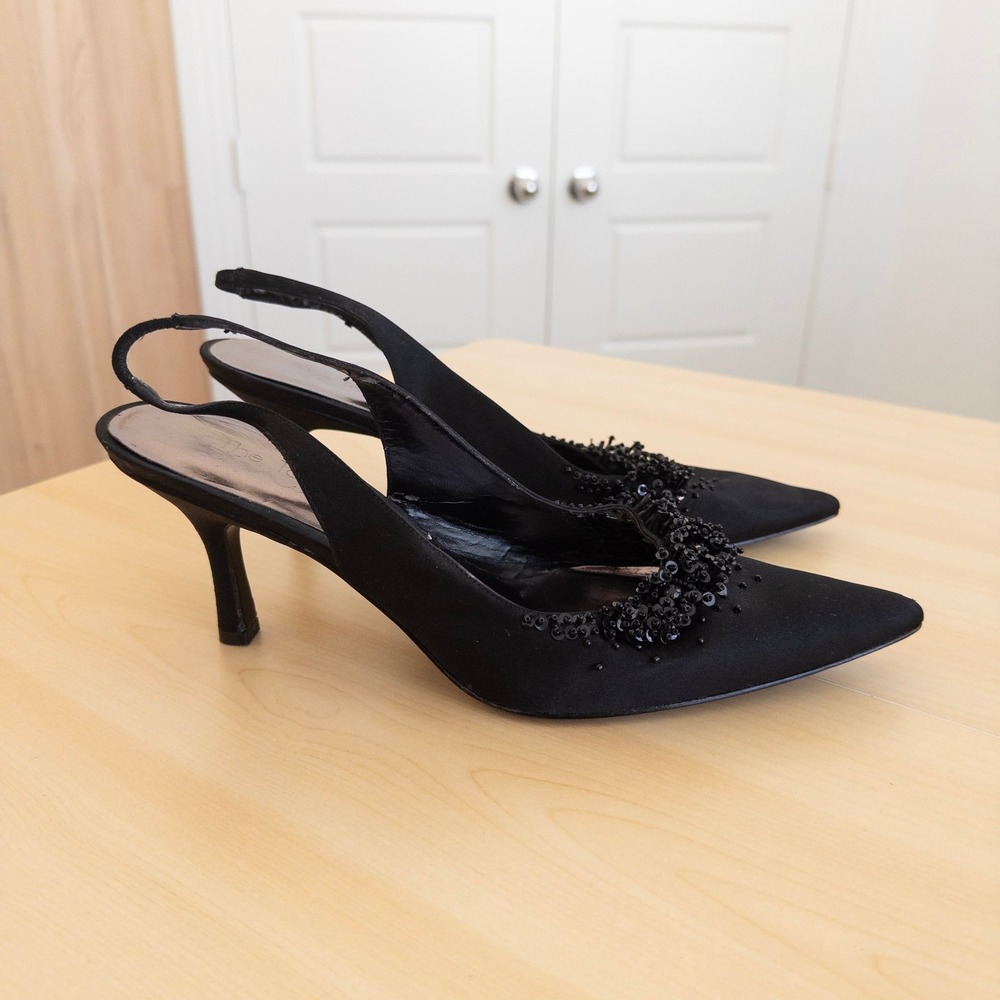 Touch of Nina Black Satin Beaded Slingback Pumps 11 Pointed Toe Y2K Kitten Heels - Picture 4 of 9